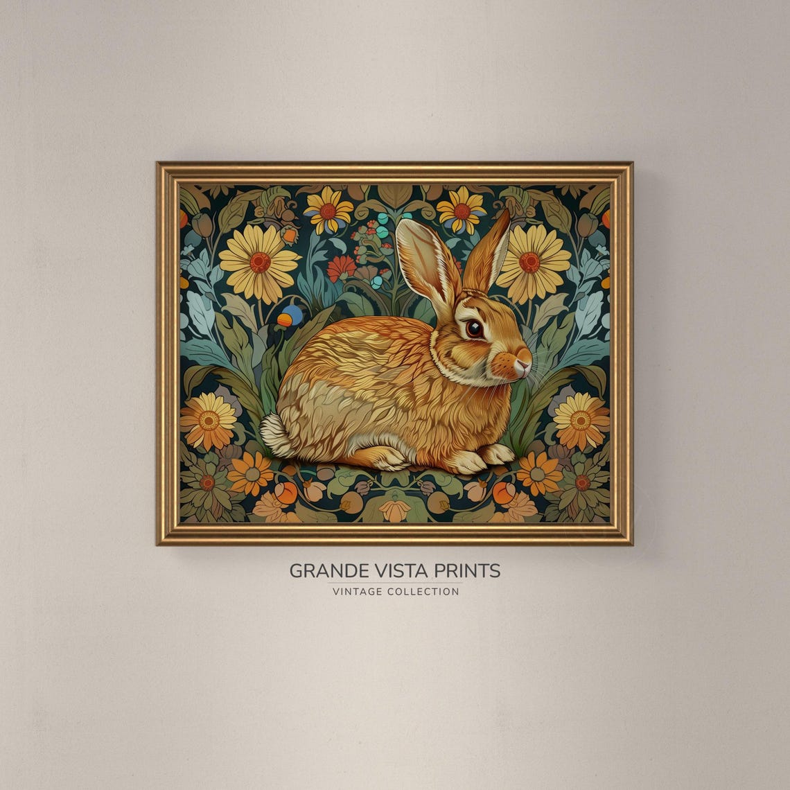Golden Rabbit Stylized Floral Pattern Daisies Teal Vintage Print - Image 3