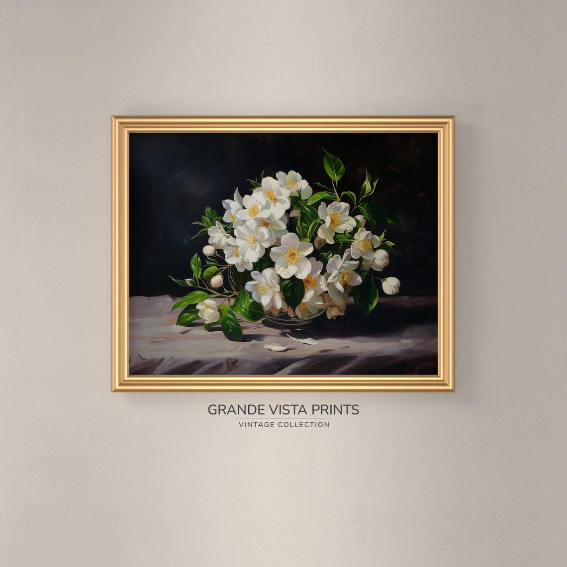 White Blossom Bowl Dramatic Dark Background Floral Still Life Wall Art - Image 3