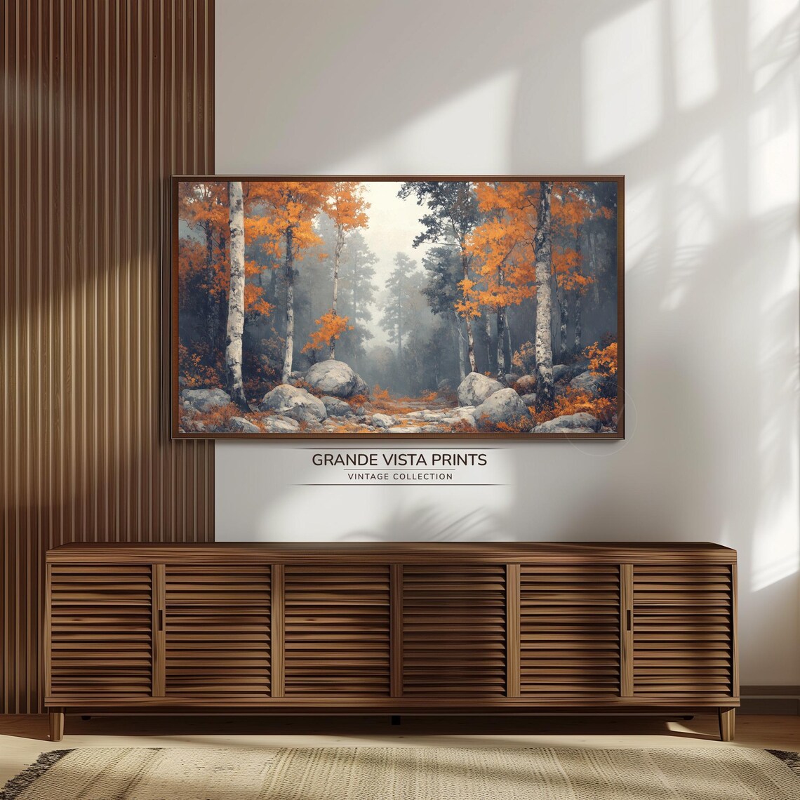 Misty Fall Forest Orange Aspens Boulders Foggy Vintage Painting - Image 3