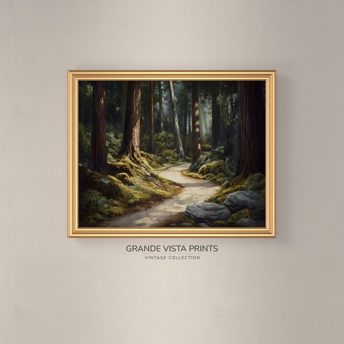 Sunlit Redwood Forest Path Mossy Boulders Towering Trees Poster - Image 3