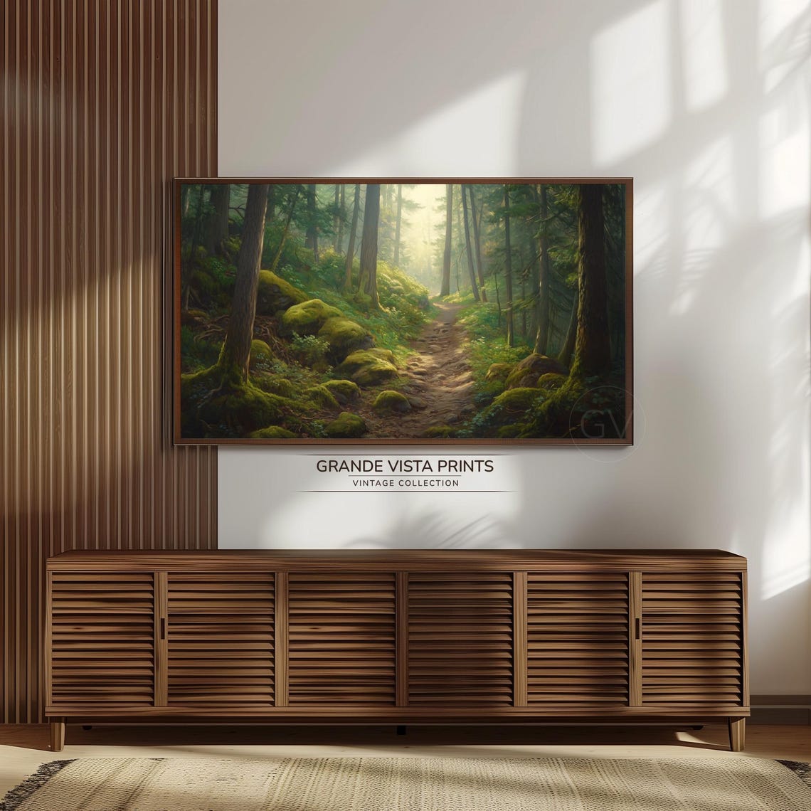 Mossy Forest Trail Tall Trees Sunlit Path Deep Woods Travel Poster - Image 3