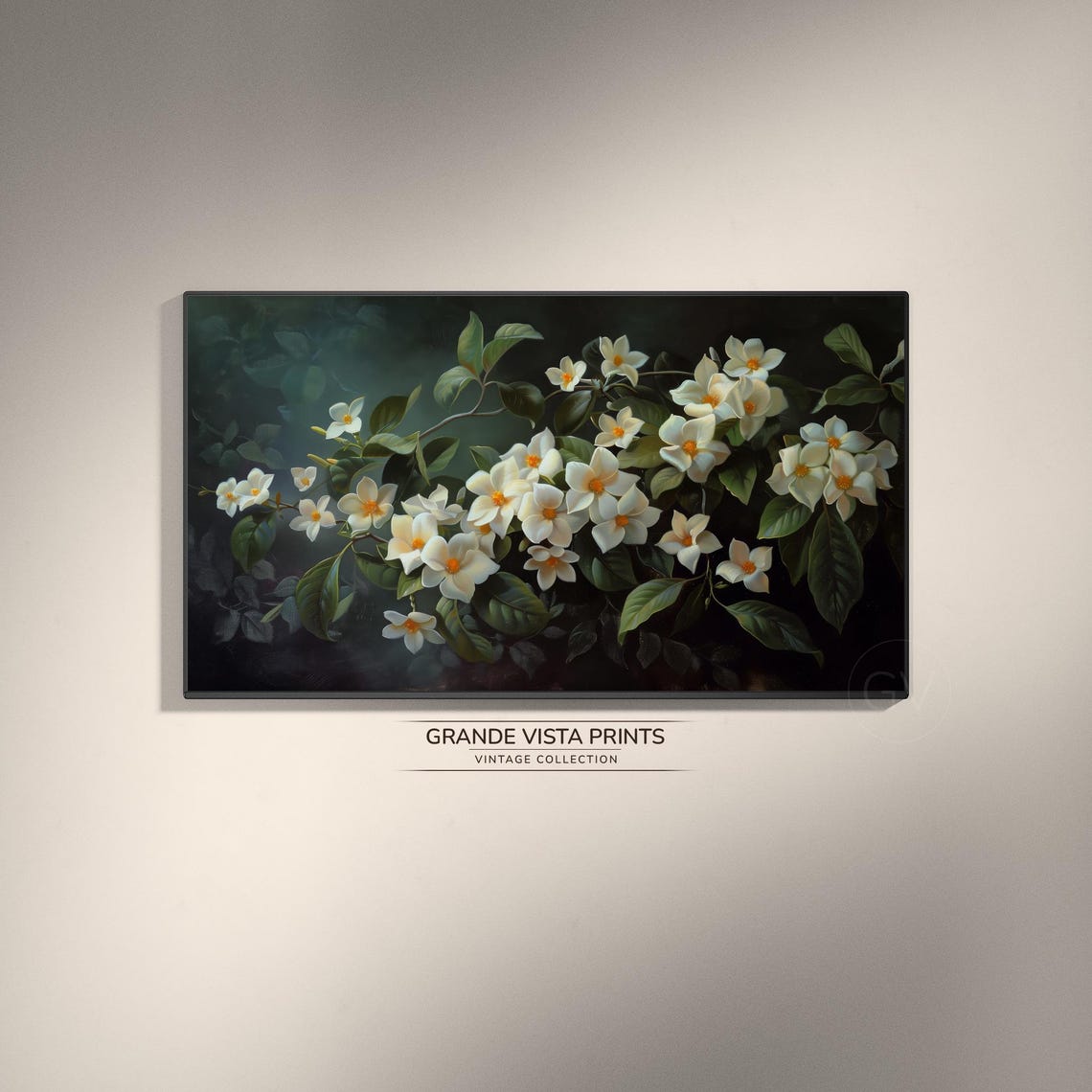 White Blossom Branch Orange Centers Dark Vintage Botanical Wall Art