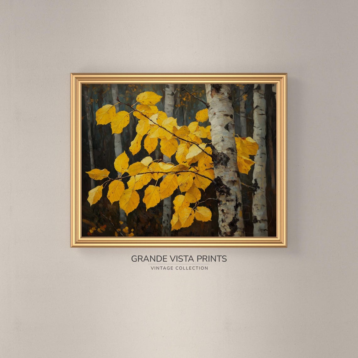 Golden Aspen Leaves Birch Trunk Close Up Fall Foliage Painting Poster - Image 3