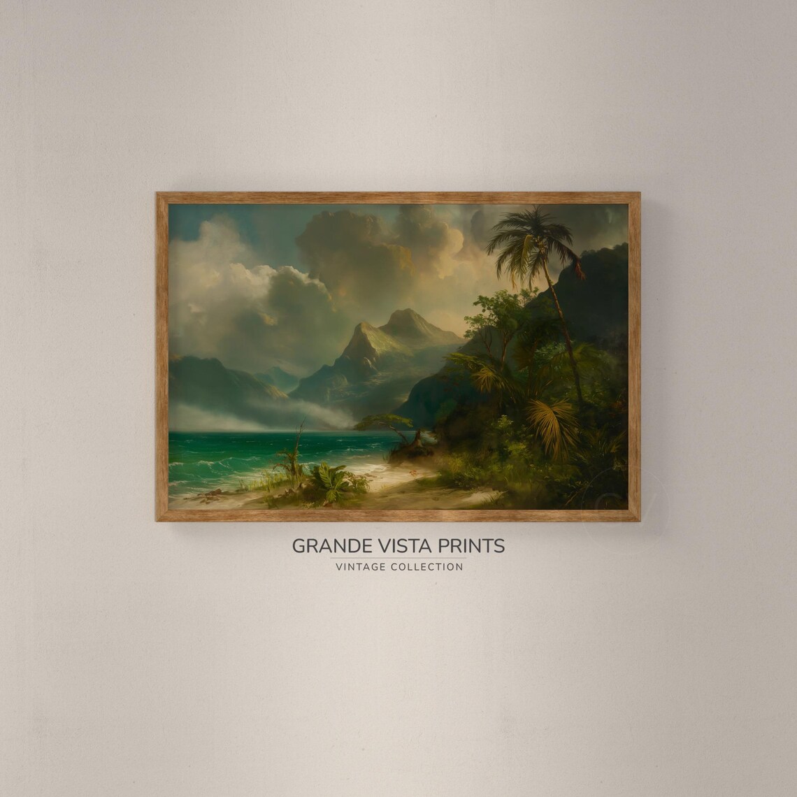 Tropical Island Shore Palm Trees Misty Peaks Vintage Landscape Poster - Image 2