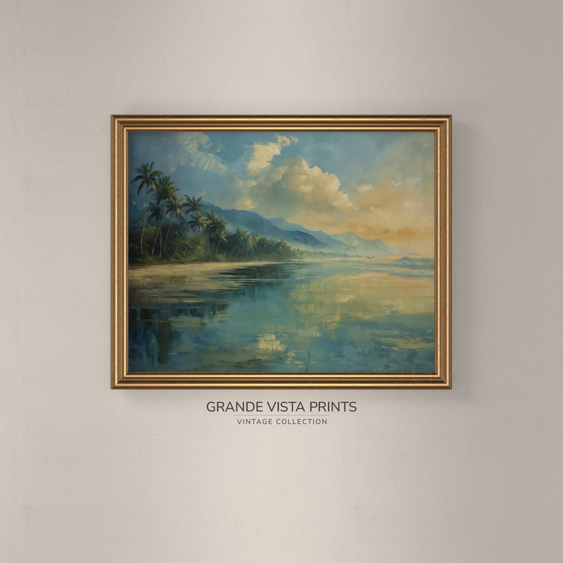 Tropical Beach Palms Mountain Coast Golden Sunset Calm Sea Poster - Image 3