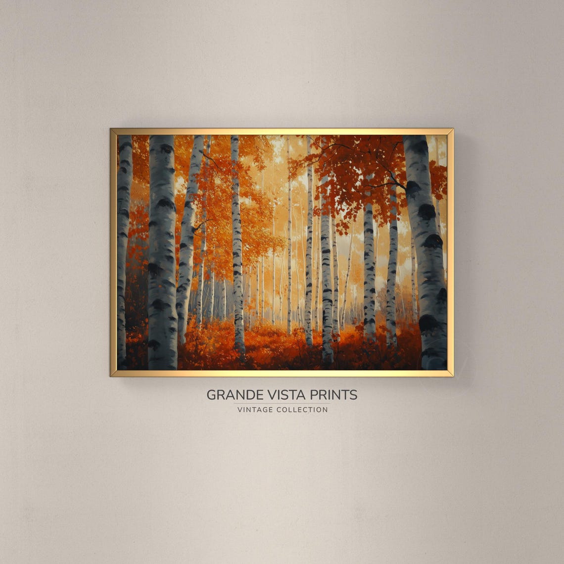 Red Orange Maple Leaves Birch Trunks Sunlit Vintage Forest Art