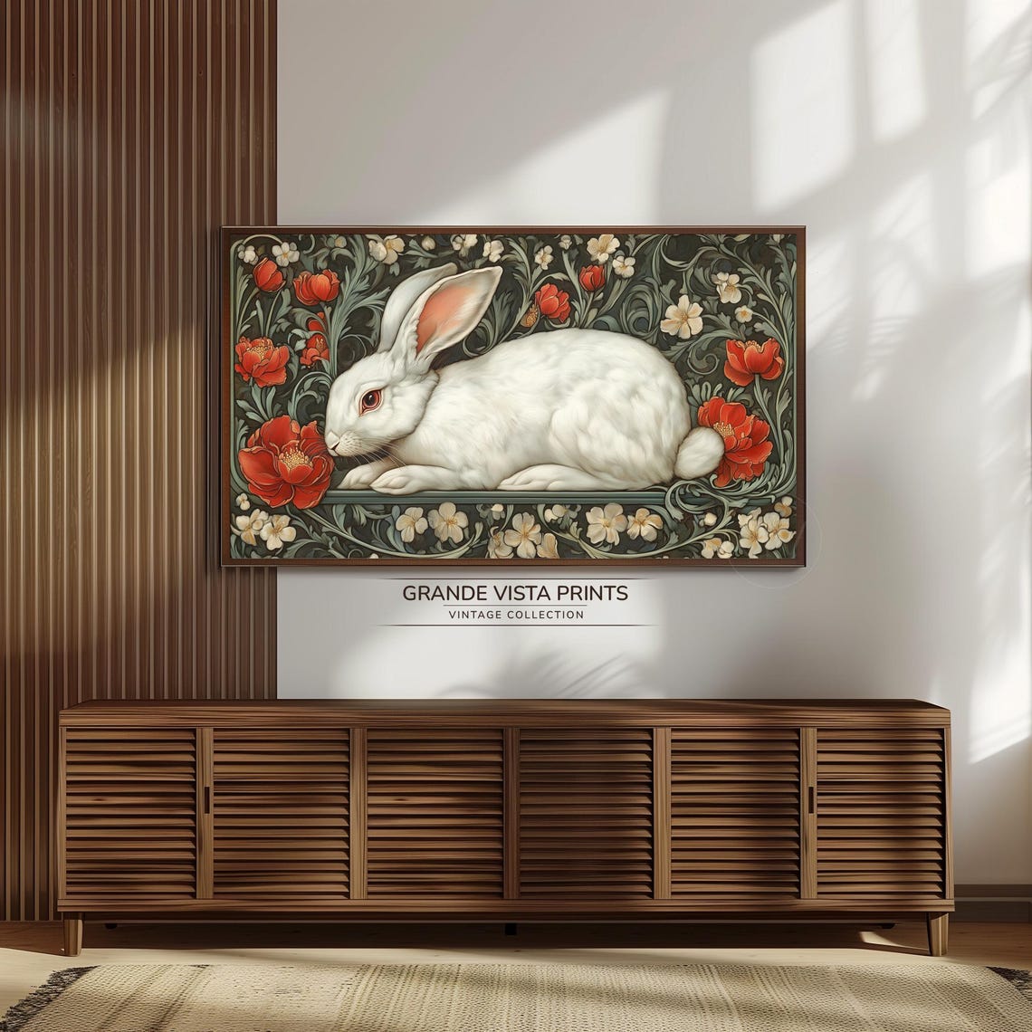 White Rabbit Dark Floral Pattern Red Poppies Decorative Vintage Print - Image 3