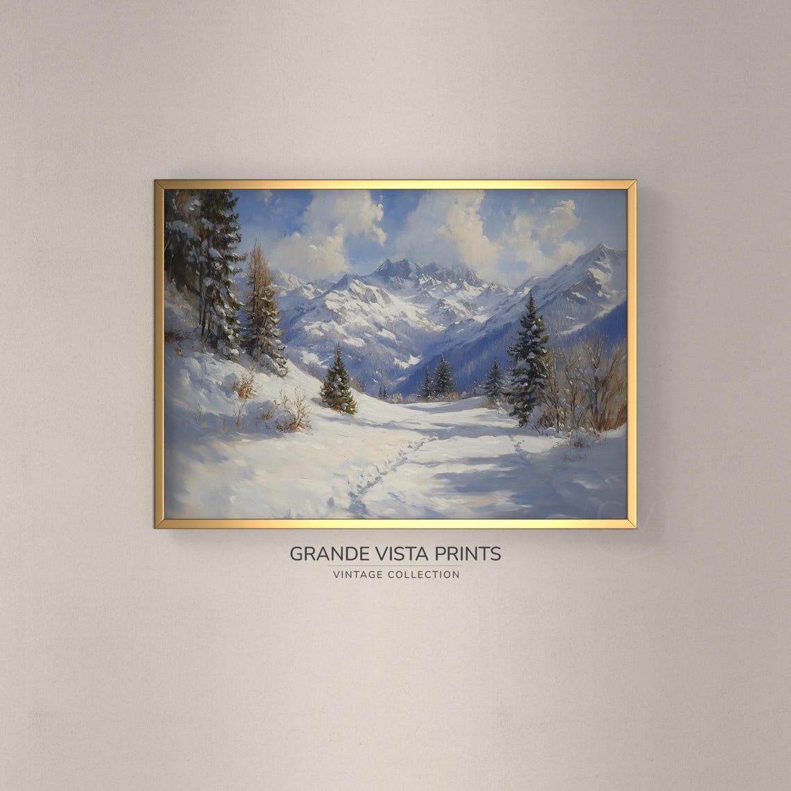 Sunny Snowy Mountain Trail Evergreens Vintage Alpine Winter Poster