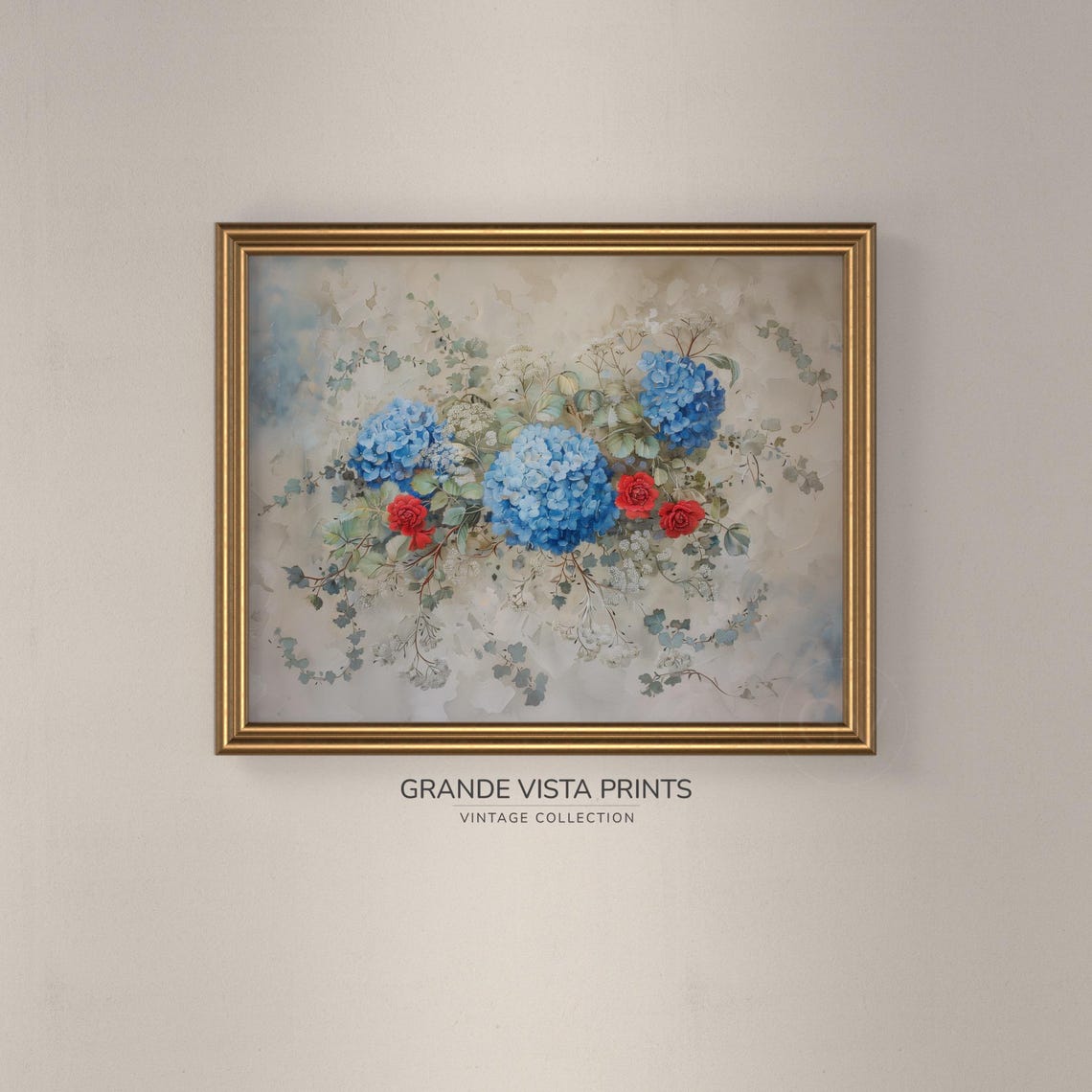 Blue Hydrangea Red Rose Spray Vintage Floral Wall Art Poster - Image 3