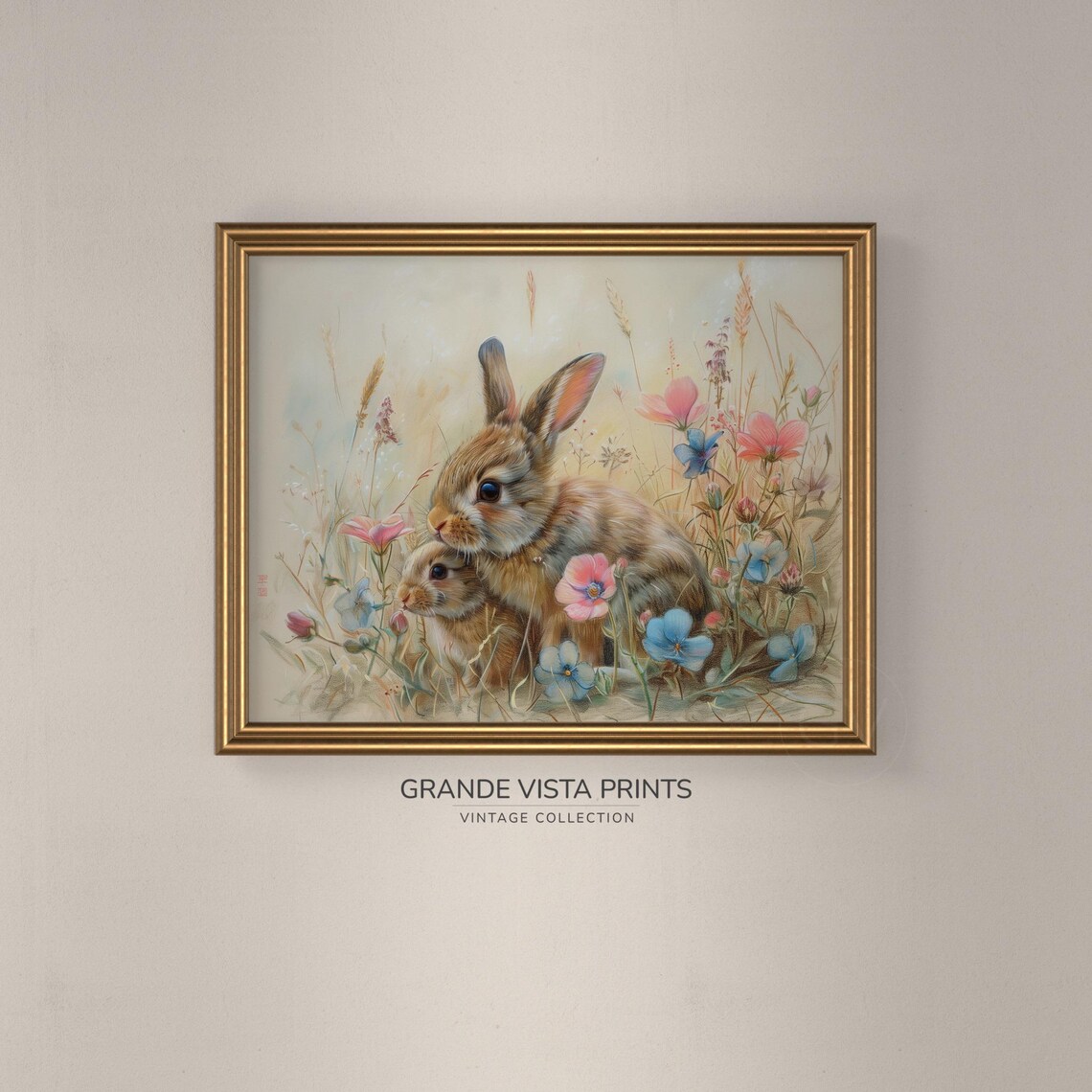 Easter Rabbits Pastel Drawing, Easter Decor - Image 3