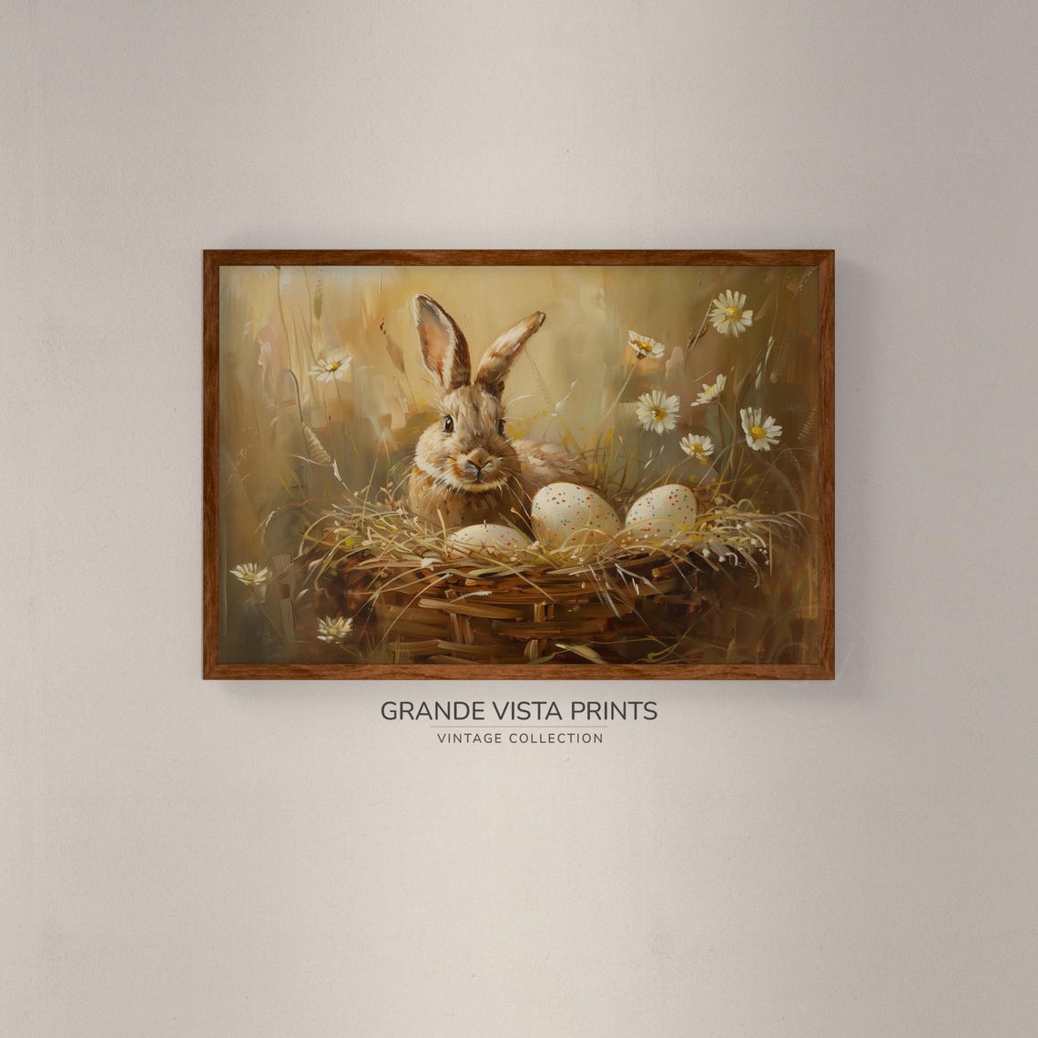 Brown Bunny with Easter Egg Basket in Golden Daisy Meadow Easter Print - Image 2