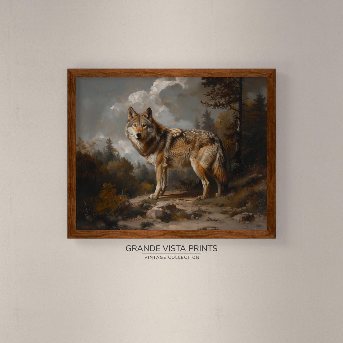 Gray Wolf Standing in Autumn Forest Vintage Wildlife Portrait Poster - Image 4