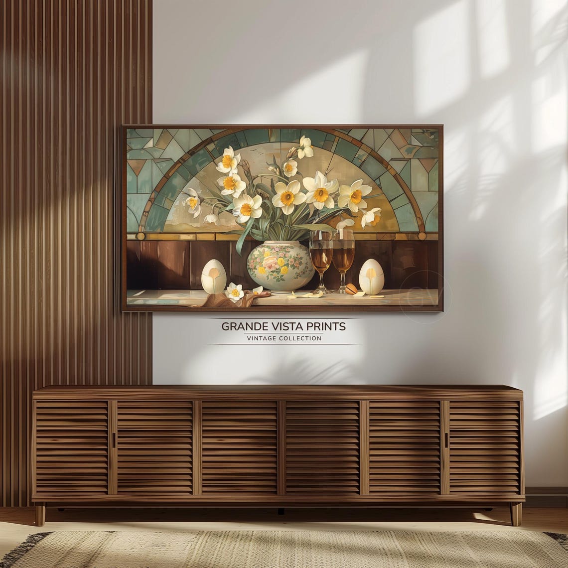 Easter Daffodil Still Life with Eggs Wine Glasses Stained Glass Print - Image 3