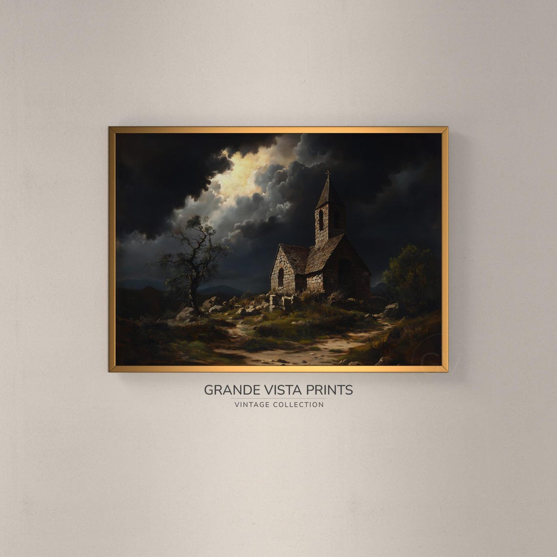 Stone Chapel on Hill Dark Stormy Night Sky Gothic Halloween Art Print