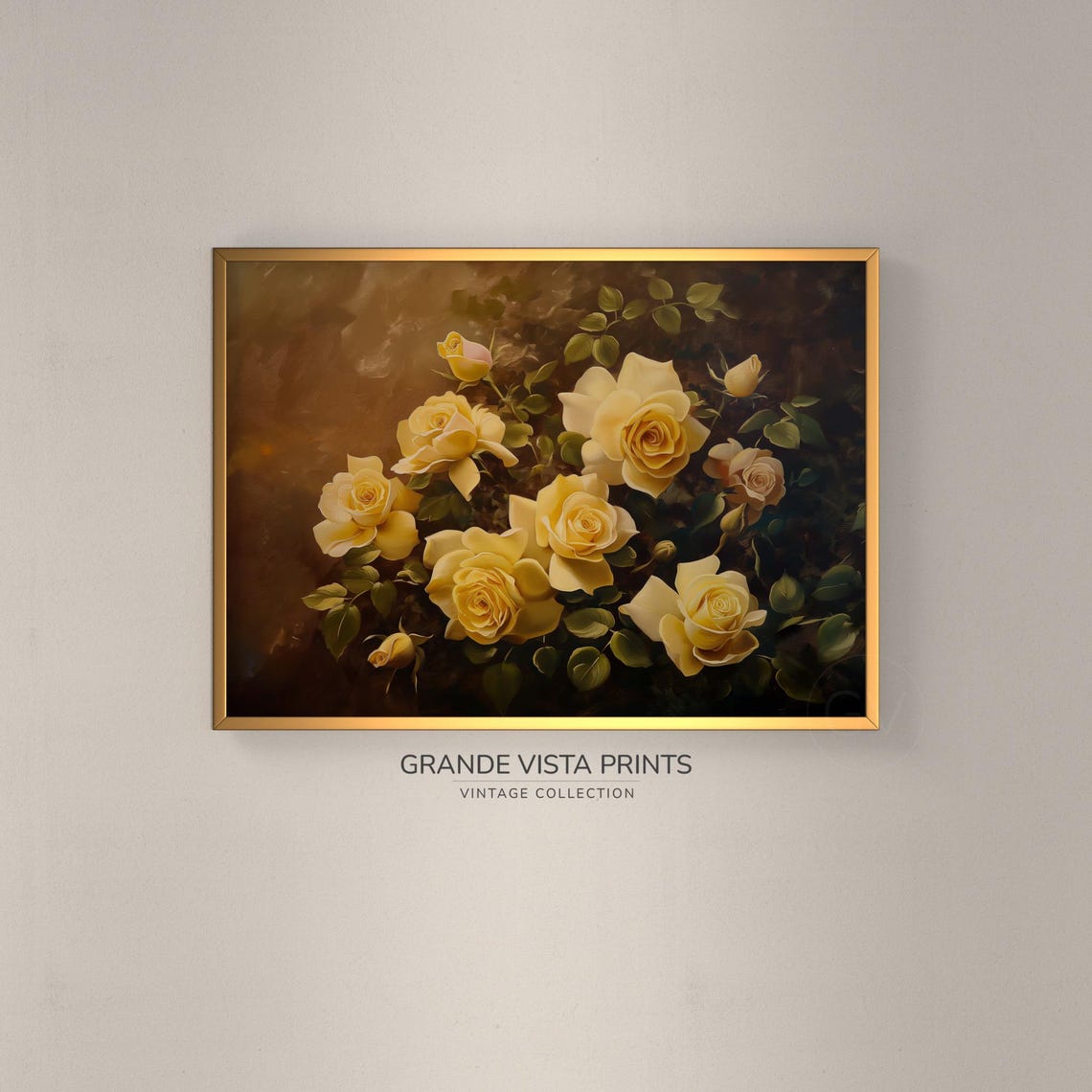 Cream Yellow Roses Vintage Still Life Dark Brown Floral Wall Poster