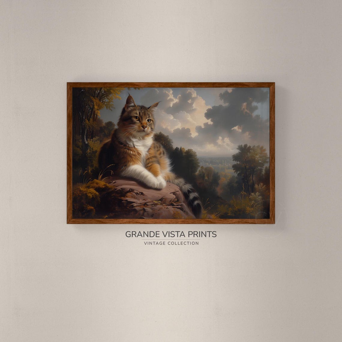 Fluffy Long Haired Tabby Cat Resting on Rocks Vintage Portrait Poster - Image 2