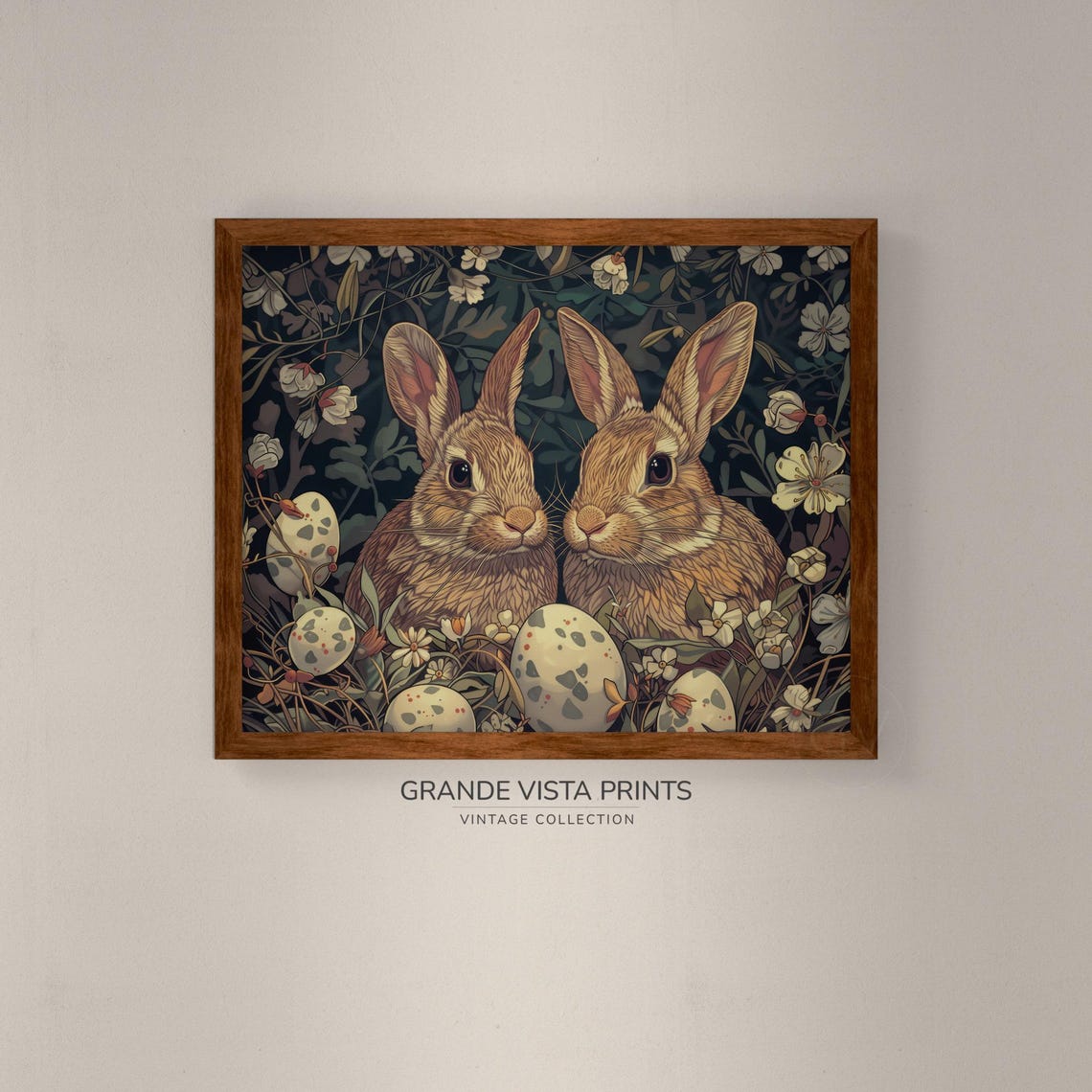 Two Brown Bunnies with Easter Eggs Flowers Vintage Holiday Wall Art - Image 4