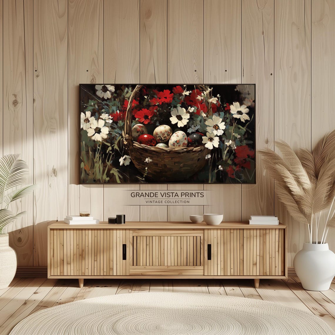 Easter Eggs Basket Red White Wildflowers Vintage Oil Painting Poster - Image 2