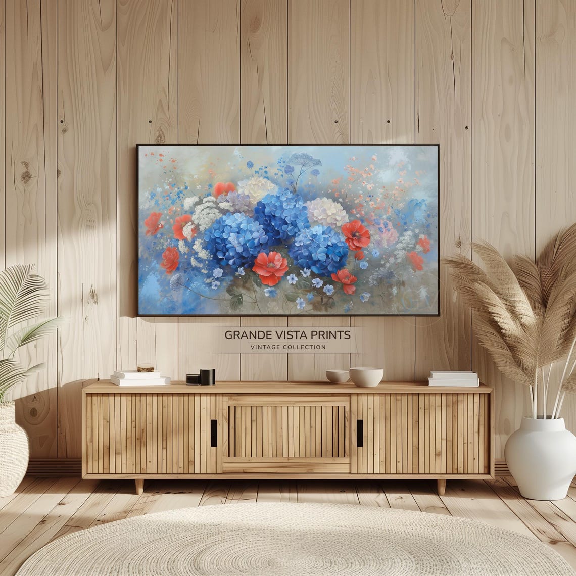 Blue Hydrangea Red Poppy Floral Still Life Patriotic Painting Poster - Image 2
