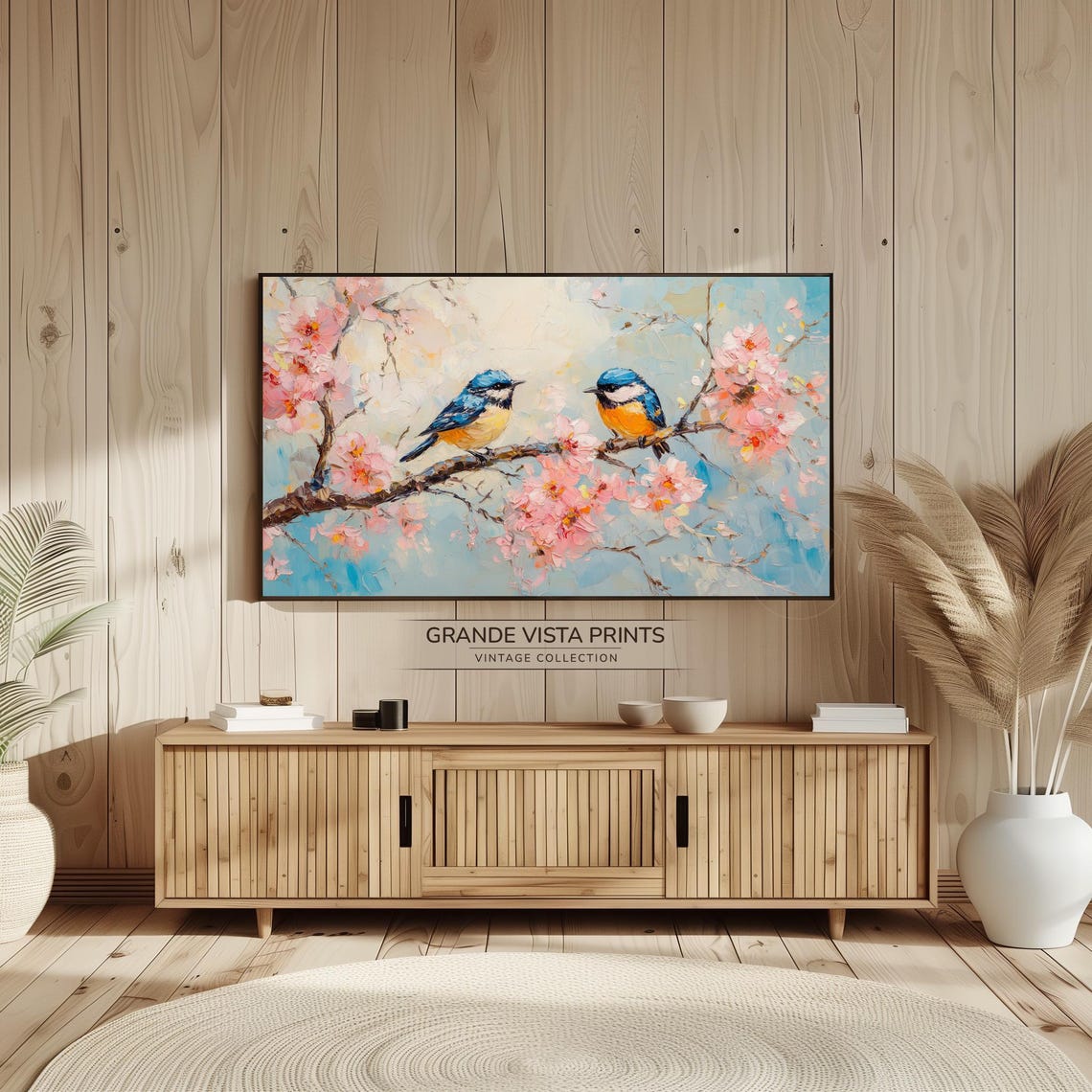 Blue and Yellow Birds on Pink Blossom Branch Impressionist Wall Art - Image 2