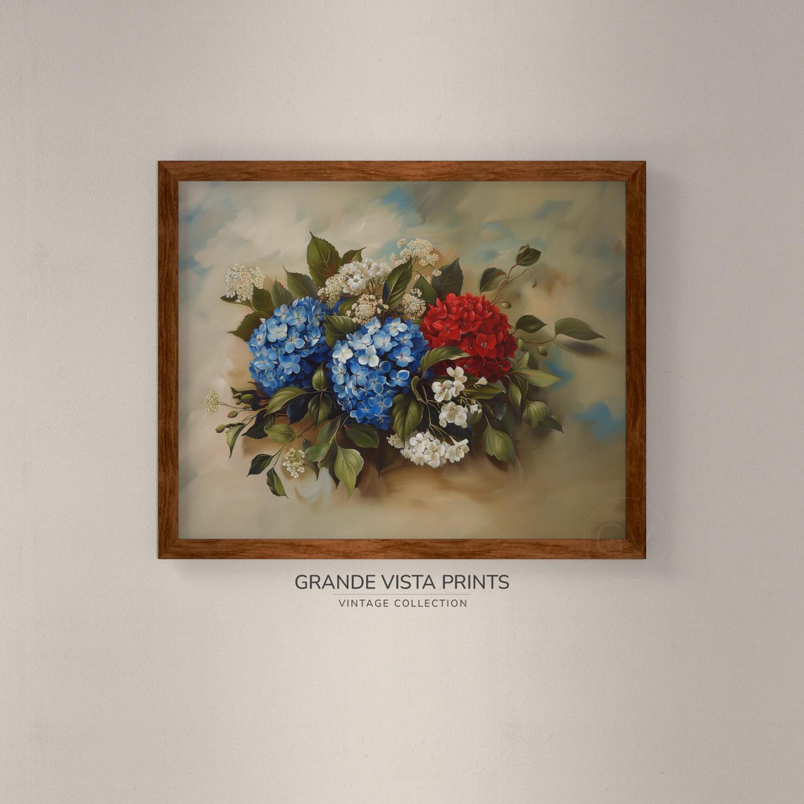Red Blue Hydrangea Blossom Bouquet Vintage Floral Still Life Poster - Image 4