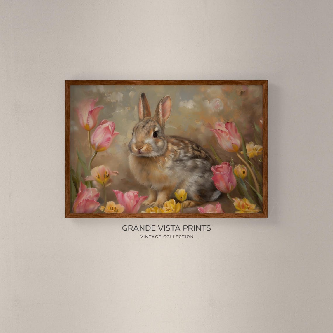 Brown Rabbit Among Pink Tulips and Daffodils Vintage Easter Wall Art - Image 2