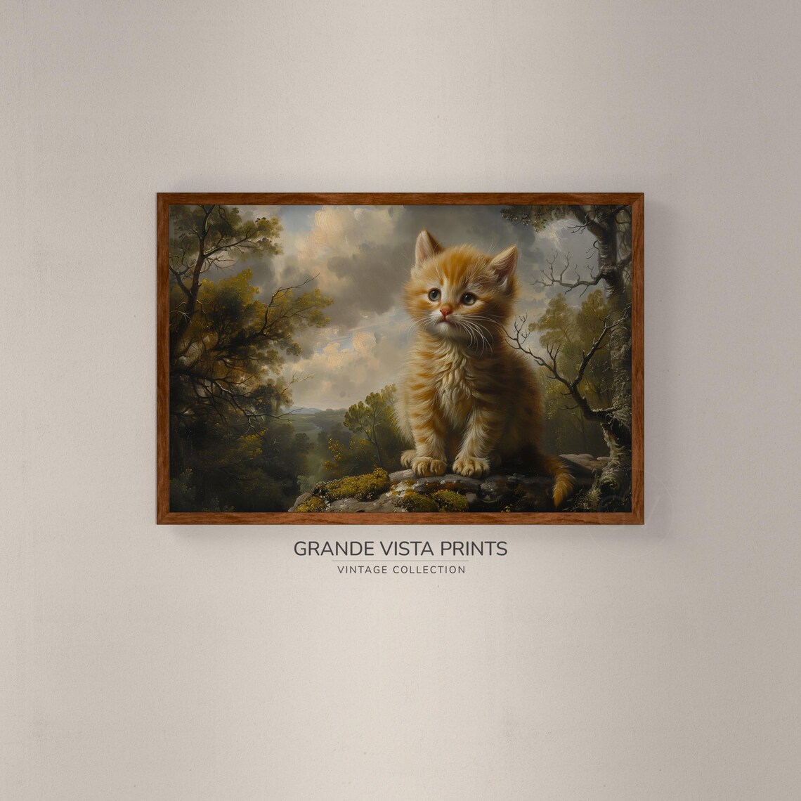Ginger Kitten On Rock Vintage Cute Orange Cat Painting Animal Wall Art Poster - Image 2