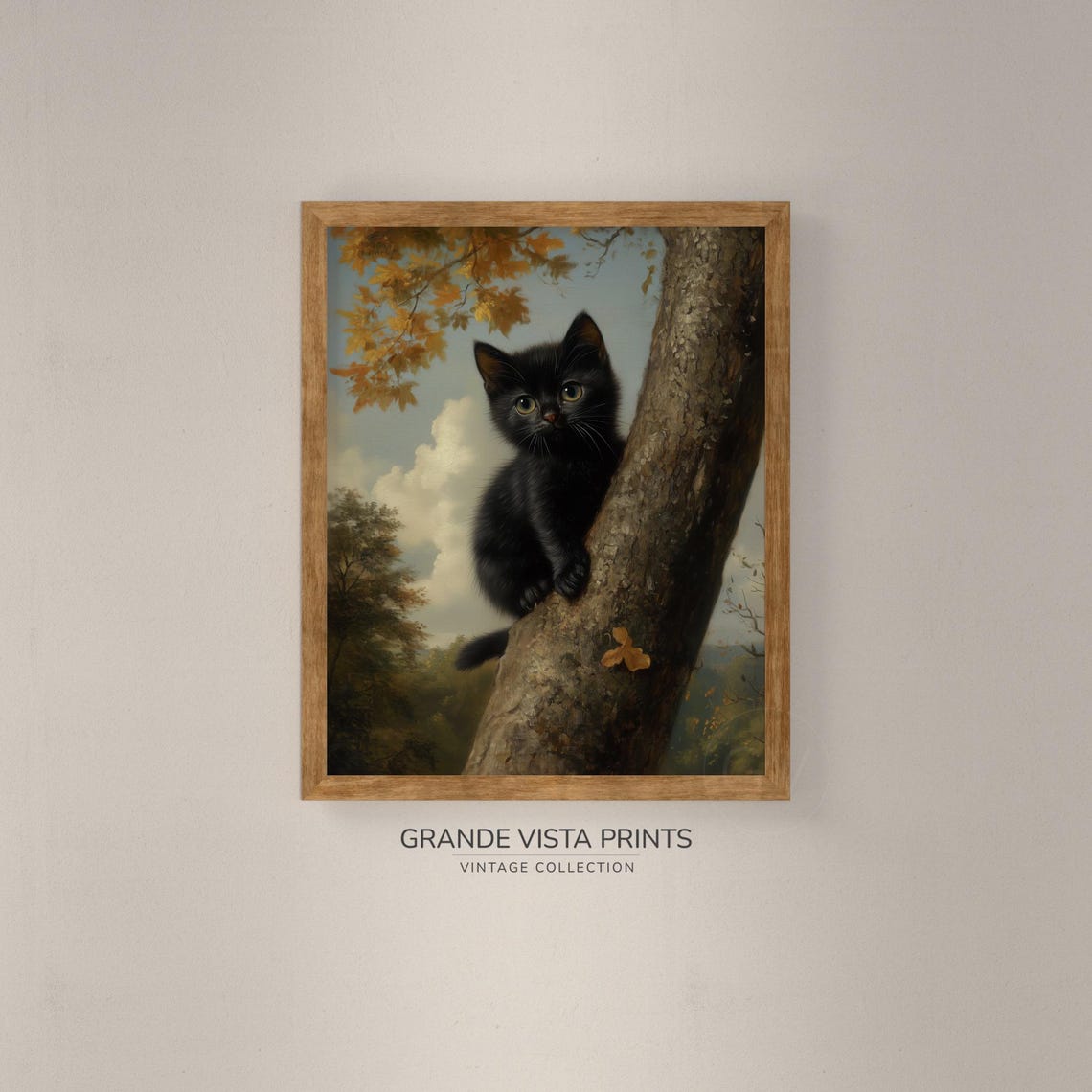 Black Kitten Climbing Tree Autumn Leaves Cute Vintage Cat Art Print - Image 4