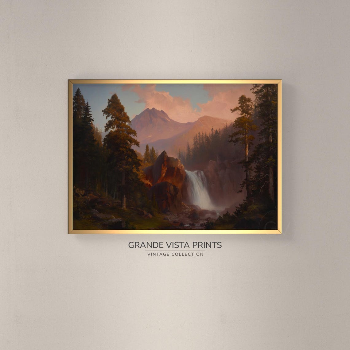 Dawn Waterfall Pine Forest Mountain Peak Sunrise Mist Travel Poster