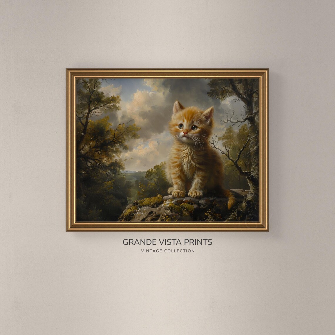 Ginger Kitten On Rock Vintage Cute Orange Cat Painting Animal Wall Art Poster - Image 3