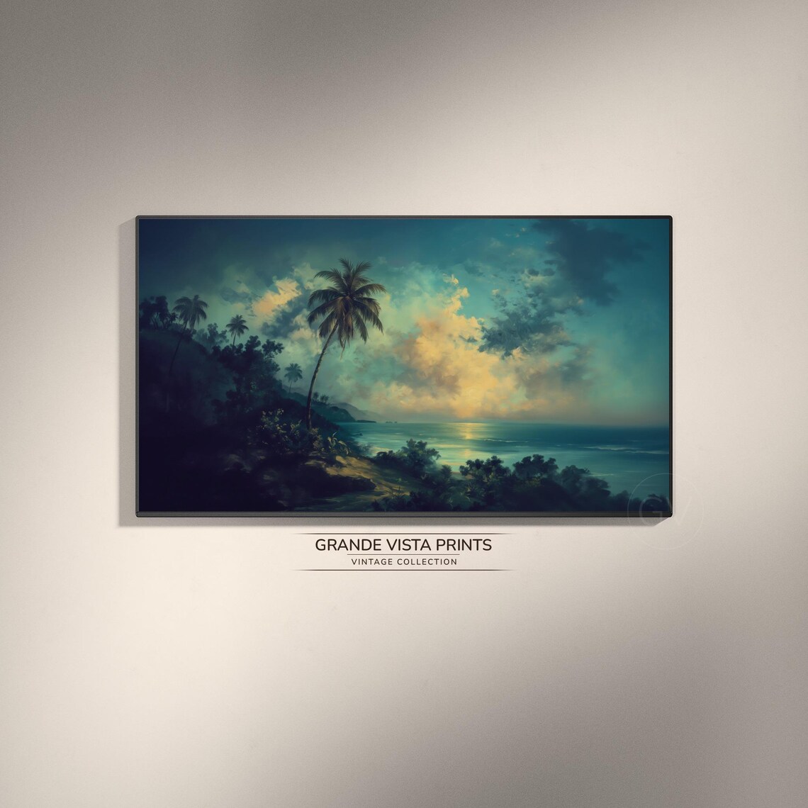 Tropical Palm Beach Cliff Dusk Turquoise Sea Golden Sky Poster