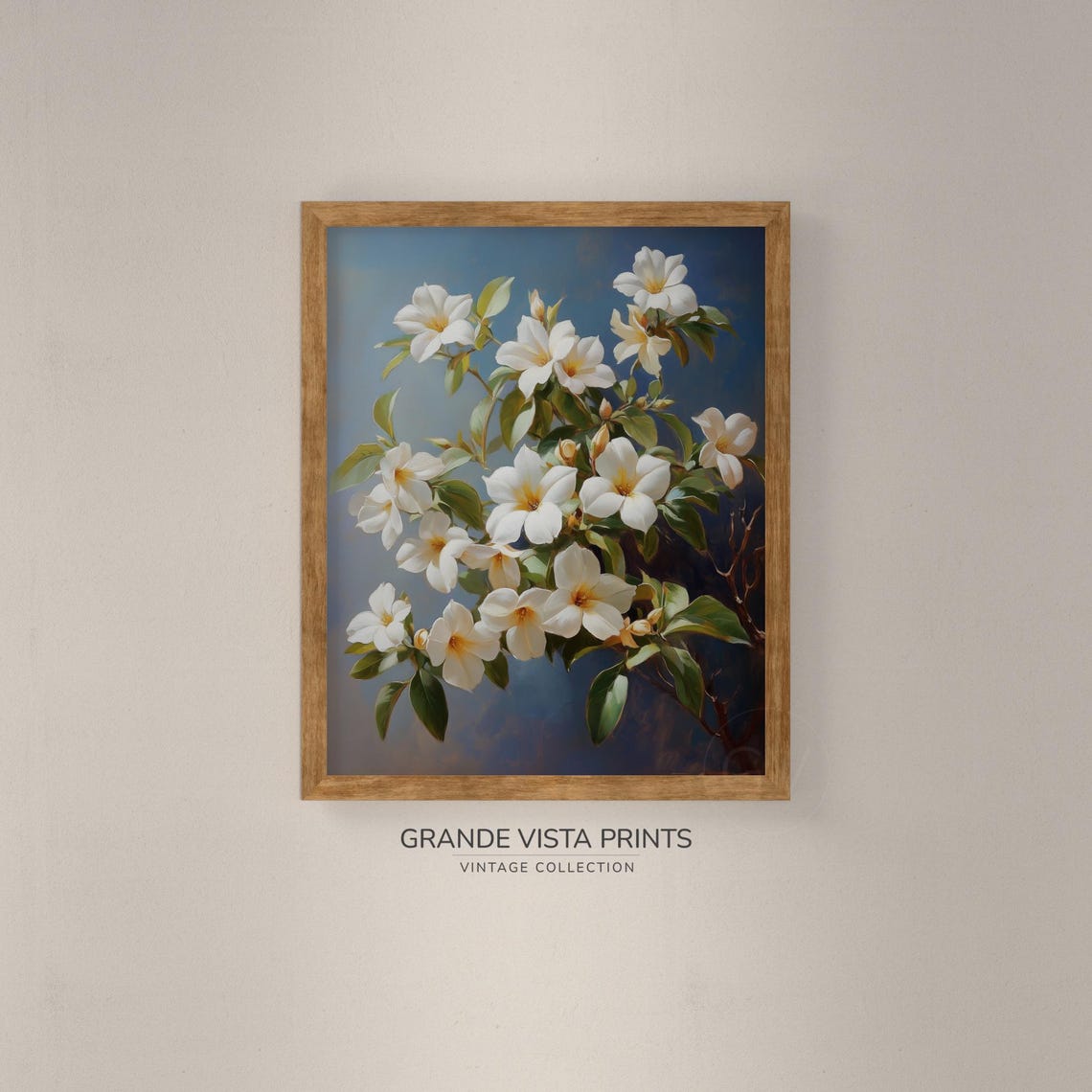 White Jasmine Blossoms Dusty Blue Background Floral Branch Wall Art - Image 4