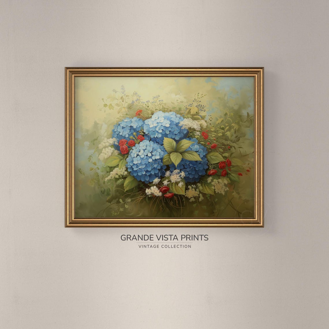 Blue Hydrangea Blossom Bouquet Vintage Floral Still Life Art Poster - Image 3