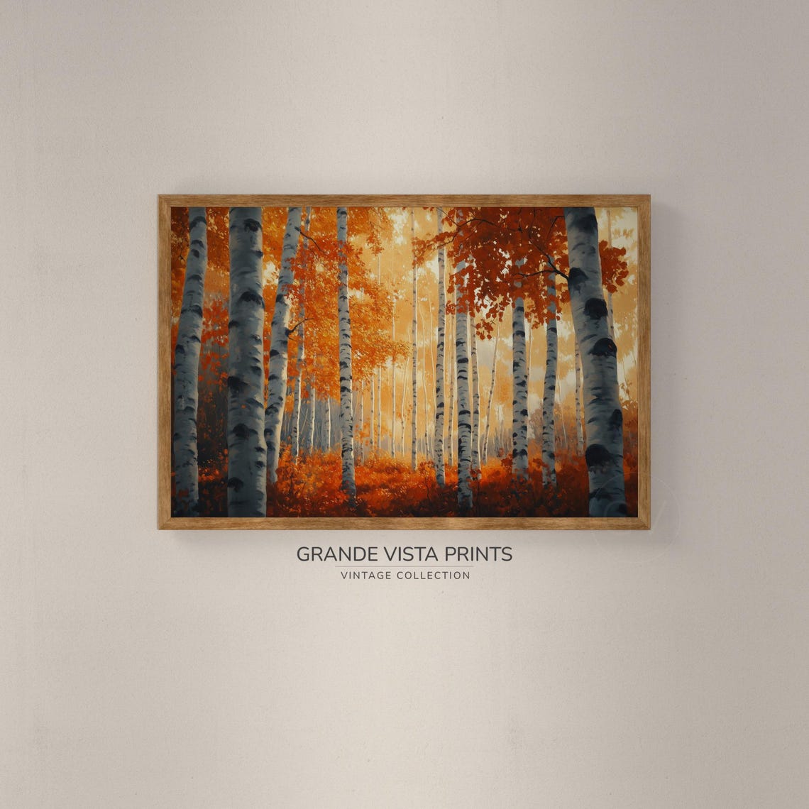 Red Orange Maple Leaves Birch Trunks Sunlit Vintage Forest Art - Image 2