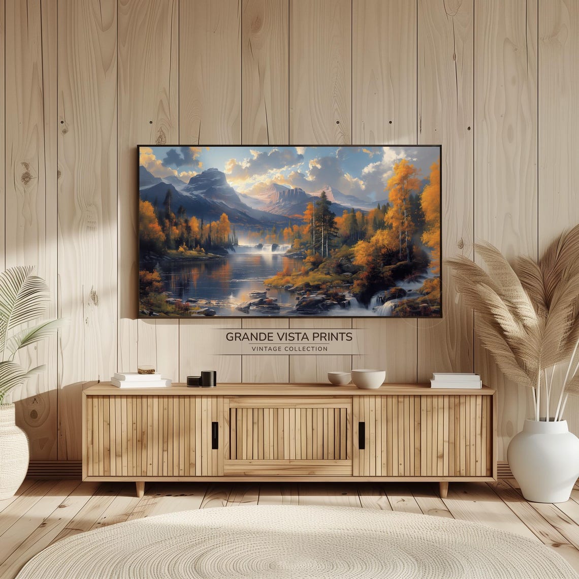 Autumn Mountain Lake Waterfall Orange Foliage Misty Peak Poster - Image 2