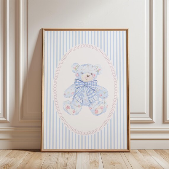 Blue Floral Teddy Bear With Bow Striped Nursery Wall Art Decor