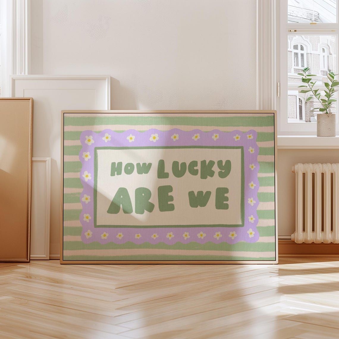 How Lucky Are We Sage Green Preppy Hand Drawn Daisy Quote Poster
