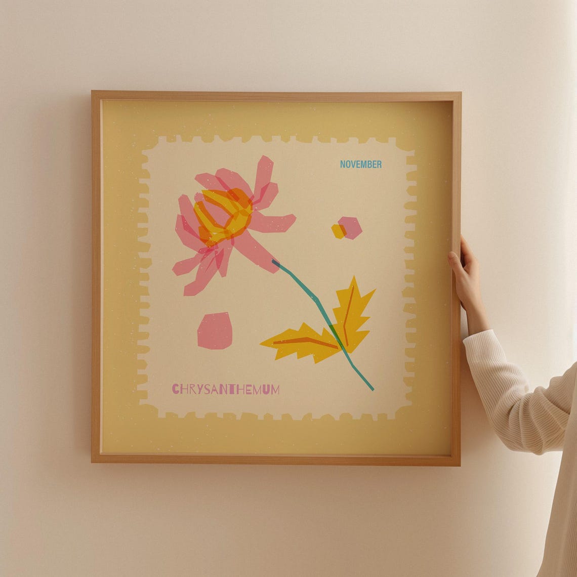 Pink Chrysanthemum November Birth Flower Stamp Style Art Poster