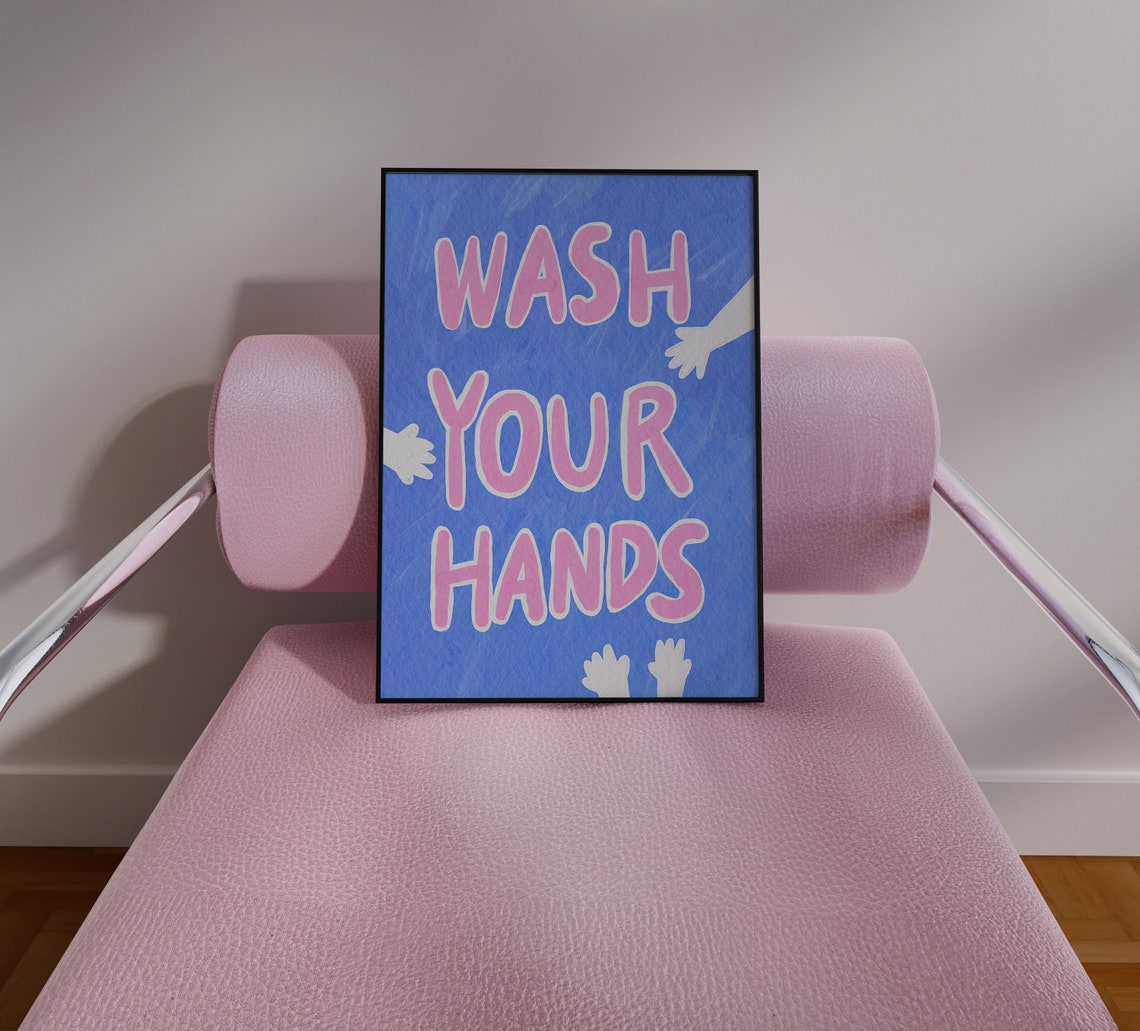 Wash Your Hands Playful Pink Blue Fun Bathroom Decor Art Poster