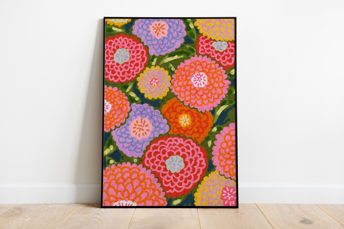 Zinnia Flower Oil Pastel Art Print Abstract Colorful Wall Decor