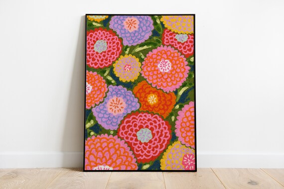 Zinnia Flower Oil Pastel Art Print Abstract Colorful Wall Decor