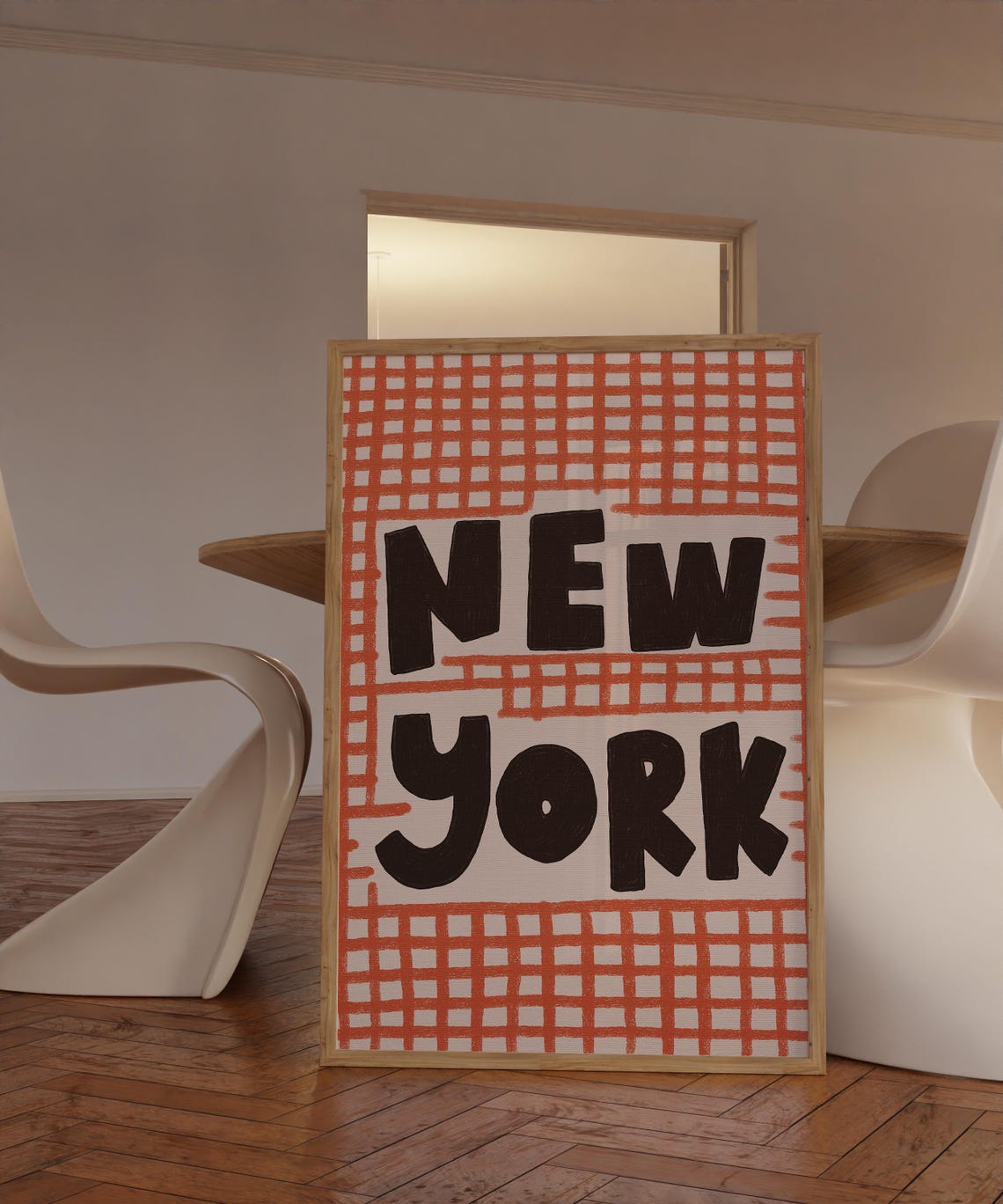 Bold New York Black Hand Lettered Orange Grid Typography Wall Art