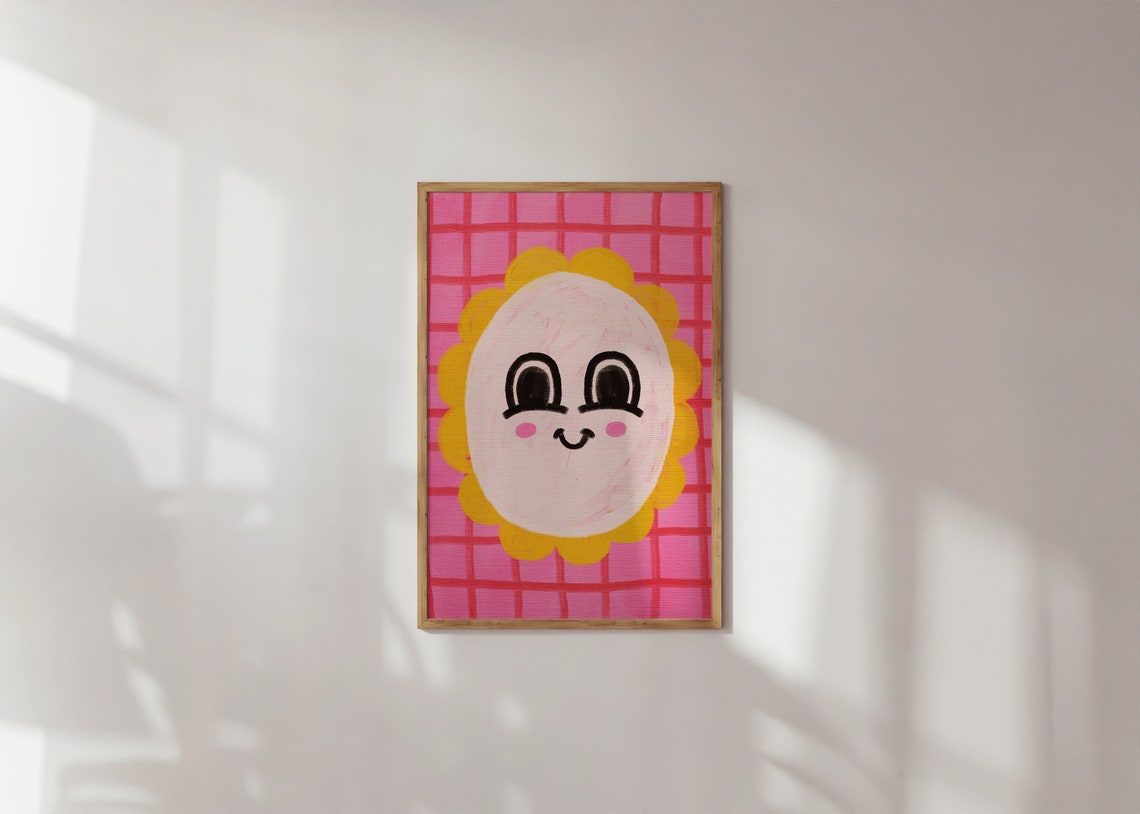 Happy Smiley Daisy Face Cute Pink Grid Naive Floral Art Print