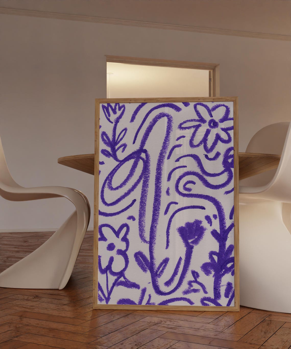 Bold Purple Floral Doodle Abstract Botanical Line Art Poster