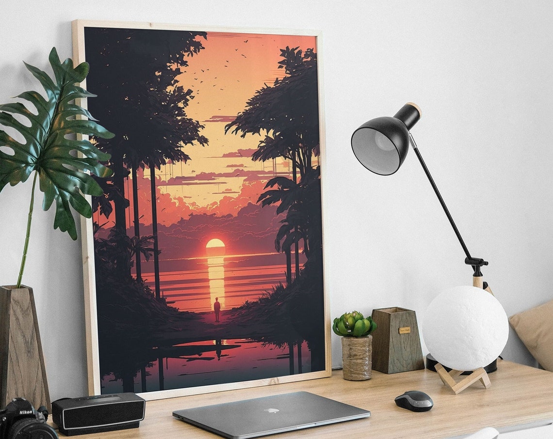 Tropical Sunset Pixel Art Poster with Palm Silhouette and Ocean Glow - Image 2