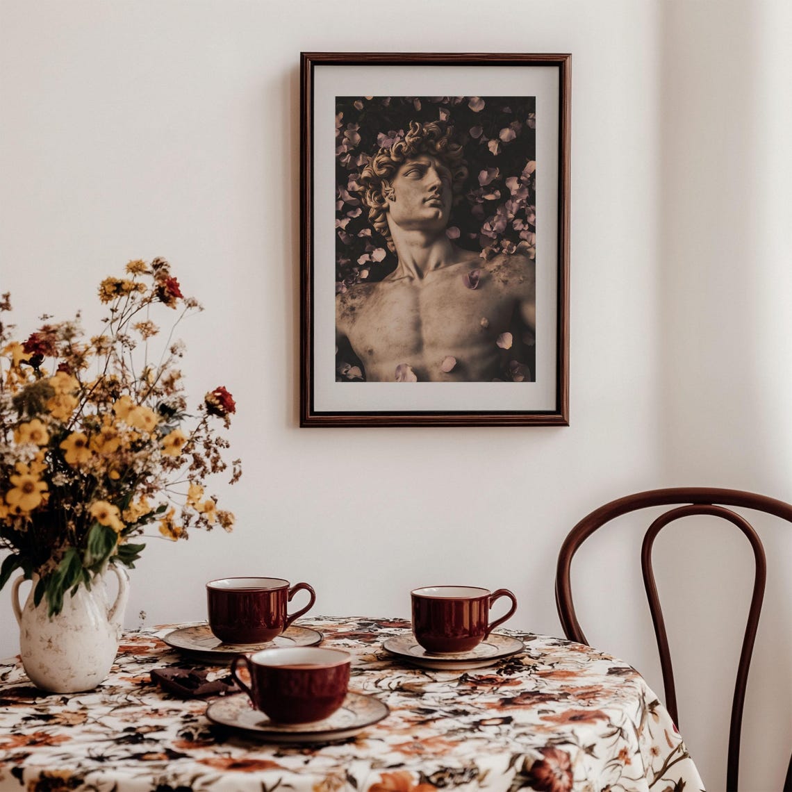 David Statue Bust with Dark Moody Rose Petals Classical Poster - Image 3