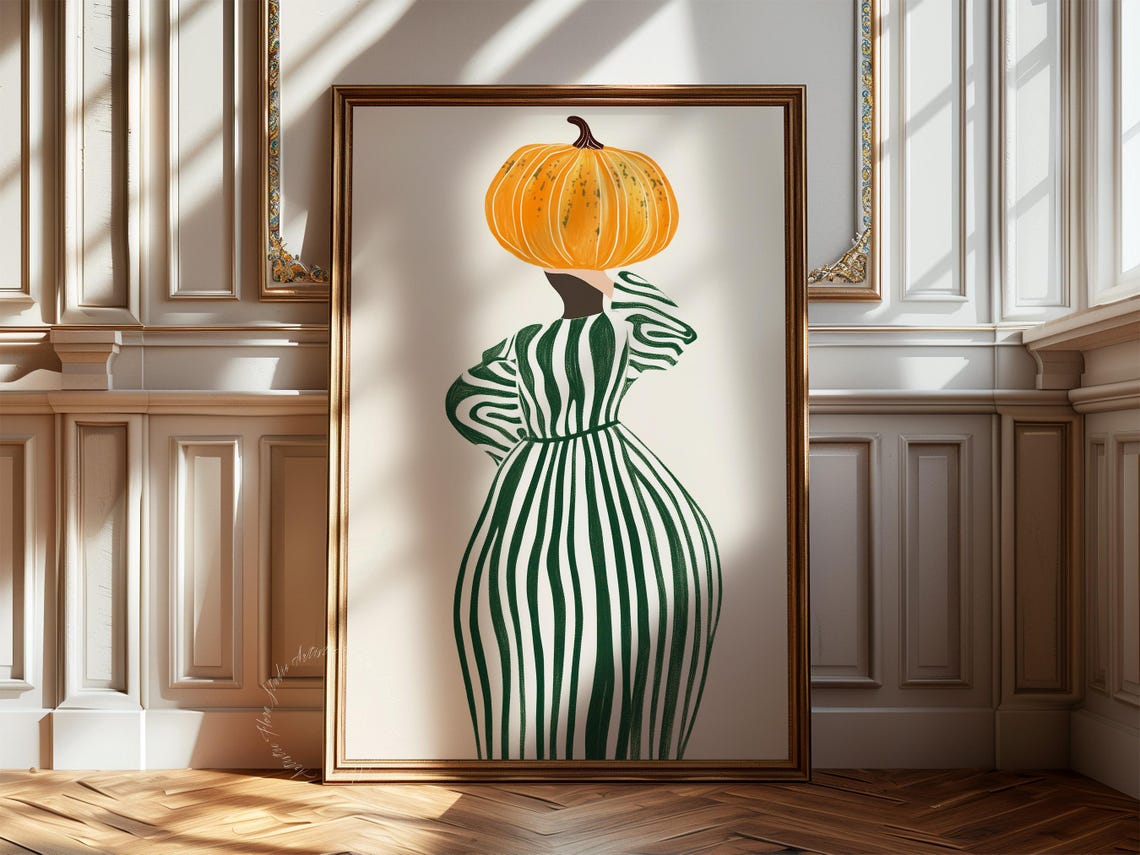Pumpkin Head Woman in Striped Dress Fall Autumn Illustration Poster