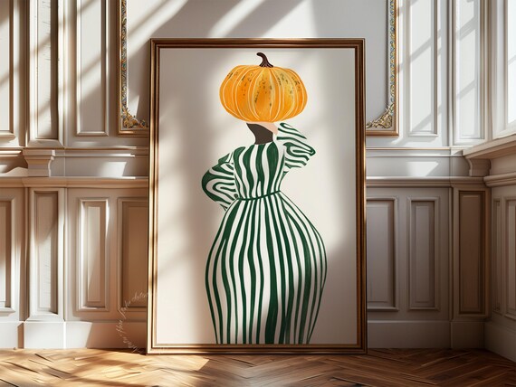 Pumpkin Head Woman in Striped Dress Fall Autumn Illustration Poster