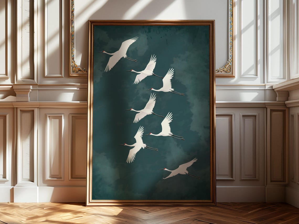 Seven White Cranes Flying Teal Watercolor Sky Minimalist Art Poster