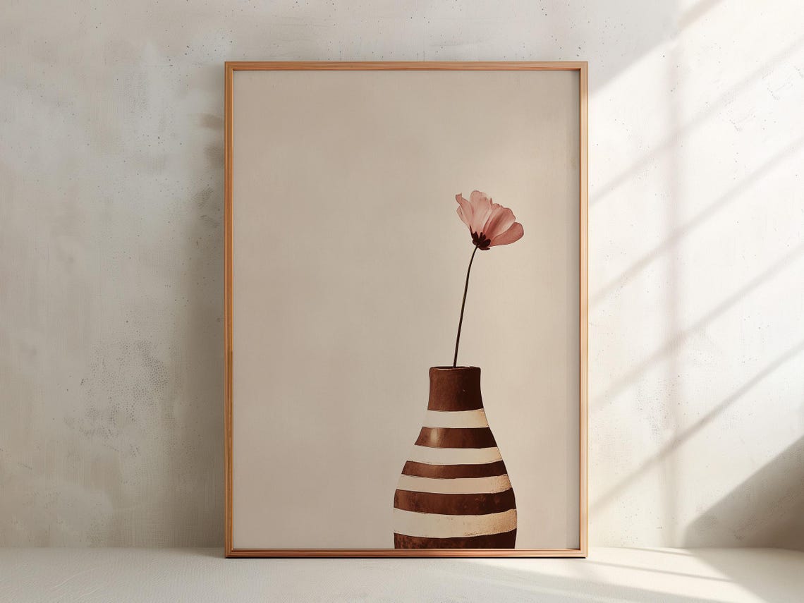 Brown Striped Vase Single Blush Flower Minimalist Art Poster